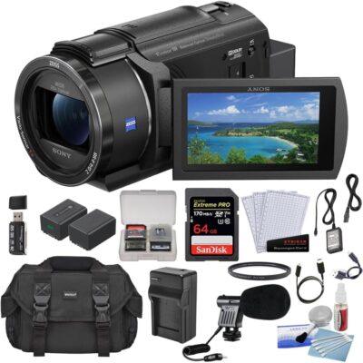 Sony FDR-AX43A UHD 4K Handycam Camcorder Bundle with 64GB Memory Card + Mini Condenser Microphone + Battery and Charger + Filter + Screen Protectors + Card Reader + Cleaning Kit + Case (11 Items)  Electronics