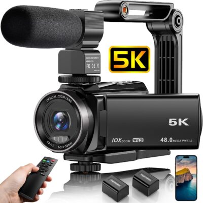 5K Video Camera Camcorder, 48MP Vlogging Camera for YouTube | 3X Optical Digital Zoom Recorder Cameras for Photography | Vlog Camera with Microphone, Stabilizer, Remote Control, 2 Batteries (Black)  Electronics