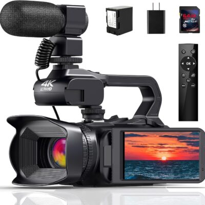 MERVNE 4K Video Camera Camcorder, 64MP 60FPS 18X Digital Zoom Auto Focus Vlogging Camera for YouTube, HD WiFi Video Camera with 4500mAh Battery, SD Card, Stabilizer, Mic, Remote Control and Charger  Electronics