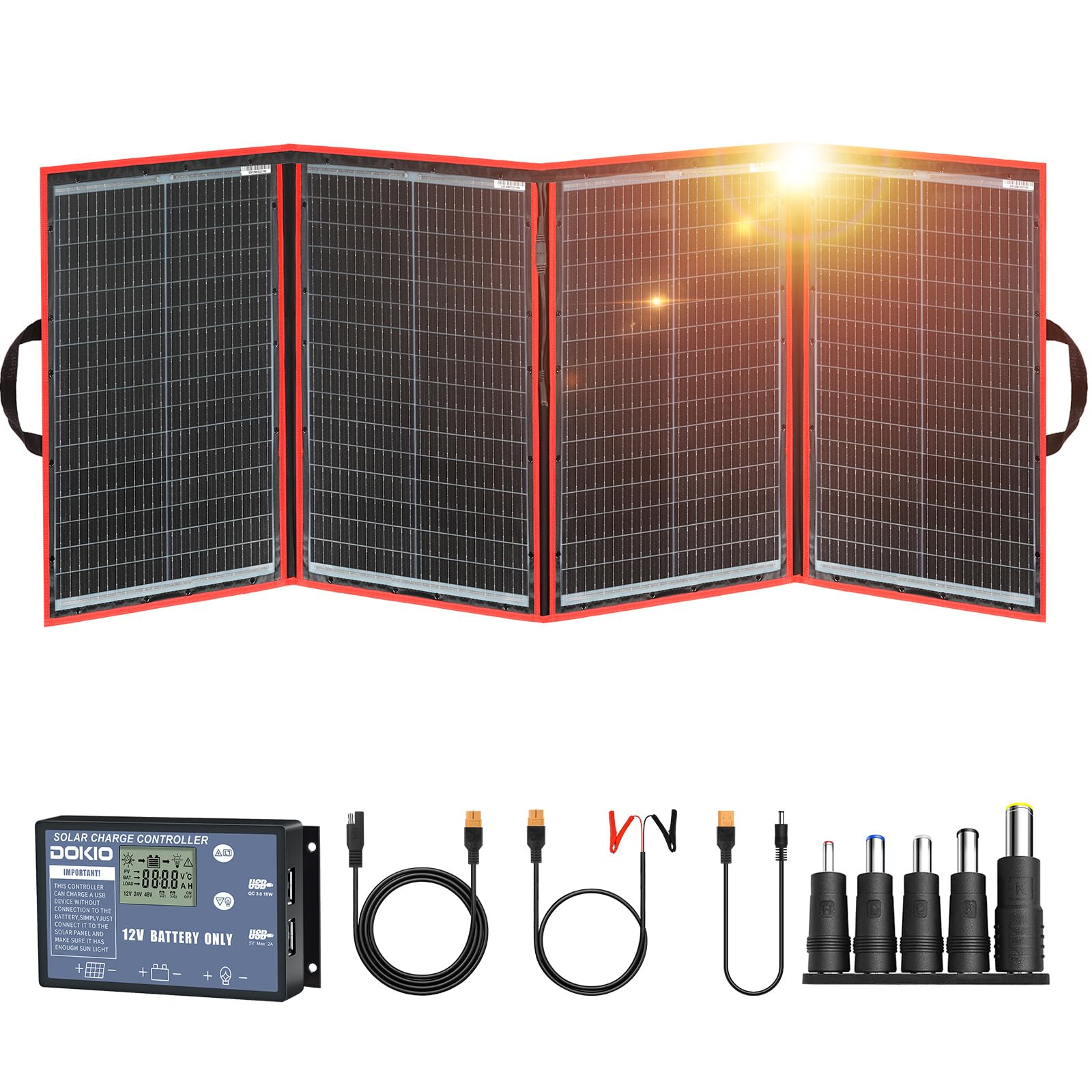 DOKIO 200W Foldable Solar Panel Kit - 9.7 lbs, Controller + Dual USB, RV & Power Stations